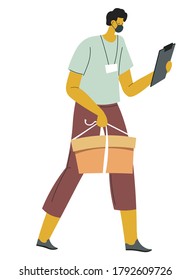 Male character delivering orders for clients on foot. Isolated man wearing medical mask carrying parcel box for customer, looking at list of destinations. Coronavirus quarantine vector in flat style