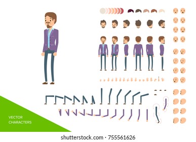 Male character design kit. Full elements and views collection isolated on white background. Vector illustration.