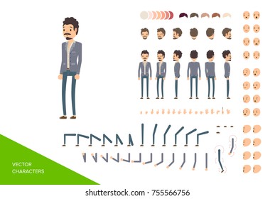 Male character design kit. Full elements and views collection isolated on white background. Vector illustration.