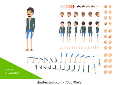 Male character design kit. Full elements and views collection isolated on white background. Vector illustration.