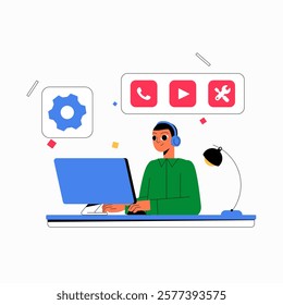 Male Character At Desk With Headphones And Media Icons In Flat Vector Illustration Symbolizing Technical Support, Multimedia, And Digital Tools, Isolated On White Background