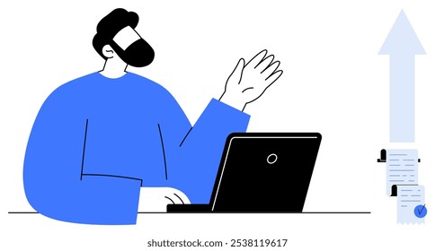 Male character at a desk using a laptop with raised hand. Growth arrow points to stacked documents with a checklist. Ideal for business presentations, career progress, data management, office work
