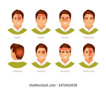 Male character with different types of headache. Vector illustration