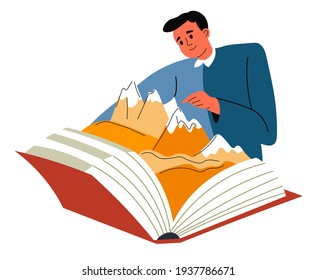 Male character discovering and exploring world by reading books and textbooks. Man showing mountains from publication. Geographic information for students to learn for lesson. Vector in flat style