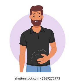 Male Character Displays Discomfort Due To Indigestion, Showing Symptom Of Gastritis, Such As Abdominal Pain And Discomfort, Caused By Inflammation Of Stomach Lining. Cartoon People Vector Illustration