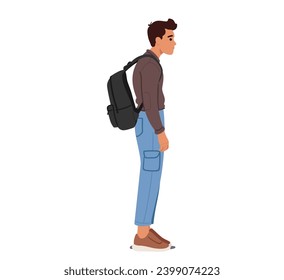 Male Character Displays A Hunched Posture Under The Weight Of A Backpack, Shoulders Slouched Forward. The Misaligned Stance Hinted At Discomfort And Potential Strain On The Spine. Vector Illustration