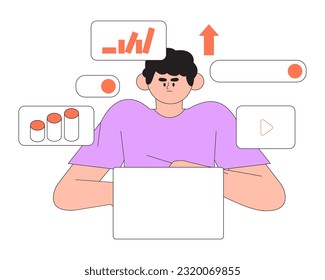 Male character do marketing or financial report or research. Market and client audience data analysis for sale and business growth. Trendy character for web design, advertisement or ui application.