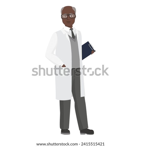 Male character doctor. Clinical man assistant, hospital worker in white coat cartoon vector illustration