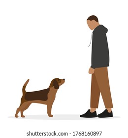 Male character and dog look at each other on a white background