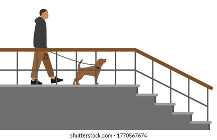 Carácter masculino con un perro corredizo va por la escalera