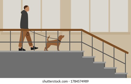 Personaje masculino con un perro corredizo caminando por la escalera