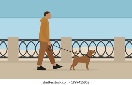 Personaje masculino con un perro corredizo caminando por el terraplén