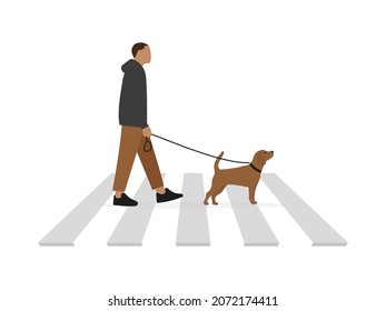 Personaje masculino con un perro corredizo caminando sobre un paso peatonal en un fondo blanco