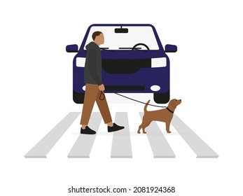 Carácter masculino con un perro corredizo caminando sobre un paso peatonal frente a un auto sobre un fondo blanco