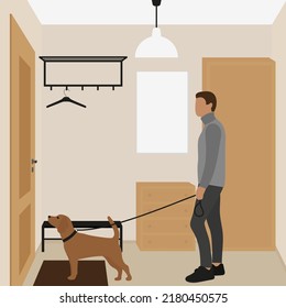 Male Character With A Dog On A Leash Stands In Front Of The Door In The Hallway