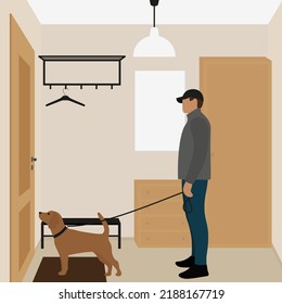 Male Character With A Dog On A Leash Stands In Front Of The Door In The Hallway