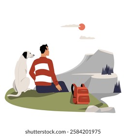 Male Character With Dog Watching Scenic Mountain View In Flat Vector Illustration Symbolizing Hiking, Outdoor Adventure, And Nature Exploration, Isolated On White Background