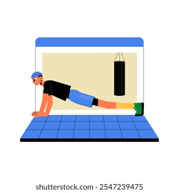 Personaje Masculino Haciendo Push Ups En Ilustración vectorial Plana Que Simboliza La Aptitud Física, El Entrenamiento En Casa Y El Entrenamiento En Línea, Aislado Sobre Fondo Blanco.