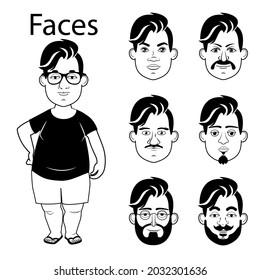 Male character for doodle video. Black and white vector image of a characters with different faces. Different men's faces for doodle videos. Coloring pages for kids.