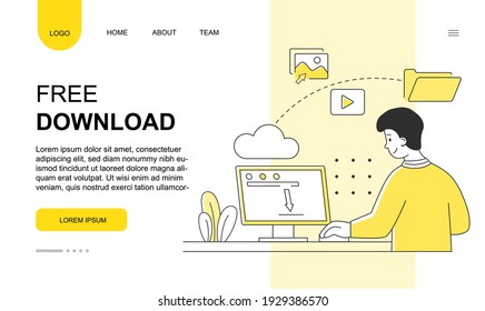 Male character is downloading files for free. Young man is sitting in front of computer with upload sign on screen. Website, web page, landing page template. Flat cartoon vector illustration