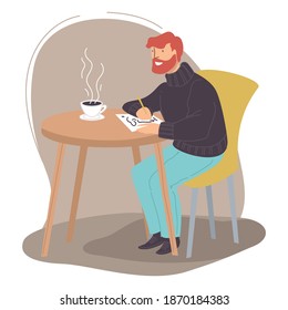 Male character drawing sketches in sketchbook sitting in cafe or restaurant drinking cup of coffee or tea. Creative hobby of man, artist searching for inspiration. Painting workshop. Vector in flat