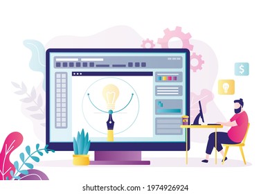 Male character draws pictures on computer. Concept of graphic design and work process. Application for drawing on monitor screen. Illustrator or designer works at workplace. Flat vector illustration