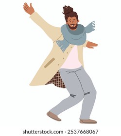 Los personajes masculinos están vestidos en otoño, ropa de invierno, suéteres acogedores, bufandas y chaquetas. Lleva cómodas botas y sombreros para mantenerse con estilo en un Clima más fresco. Personas Ilustración vectorial mano. 