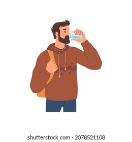 Male character drinking purified water from bottle. Vector caring for health and dieting, consuming liquid and cleansing organism from toxins. Thirsty bearded man with backpack, student or tourist