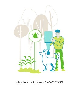 Male Character Dripping Drops against Encephalitis Mites on Dogs. Owner Protect Pet of Ticks and Poisonous Insects Living on Plants, Domestic Animals Parasites Protection. Linear Vector Illustration