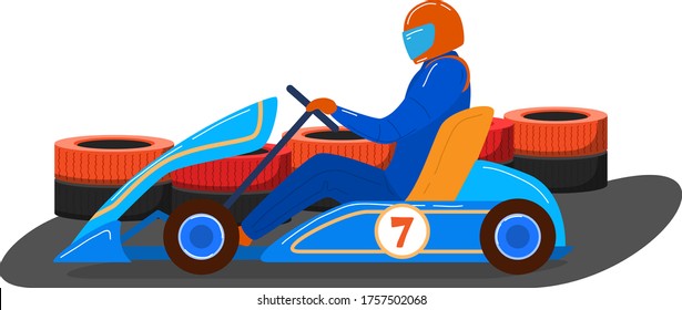 Male character driver karting transport vehicle, competition racing machine isolated on white, cartoon vector illustration. Man sitting sport car, type sport race tournament contest.