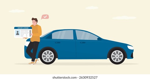 Male character driver stands next to modern car. Happy man holds driver's license. Id card, permission driving auto. flat vector illustration