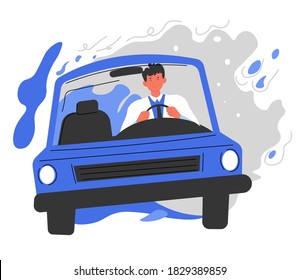 Male character driving car, isolated man in vehicle commuting to work or returning home. Business travel or touristic journey, businessman by steering wheel. Transportation vector in flat style