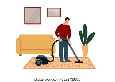 Male character during housework, housekeeping. Person cleans carpet, floor with vacuum cleaner in living room interior. Mature man cleaning home.  Flat vector illustration isolated on white background