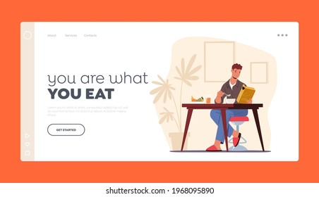 Male Character Eat, Morning Everyday Routine, Lifestyle Landing Page Template. Young Man Having Breakfast at Home Sitting at Table Drinking Juice and Eating Dry Snack. Cartoon Vector Illustration