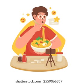 Male character eating noodles, Food blogger reviewing noodle, Vector illustration