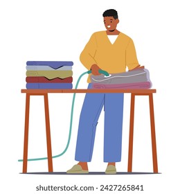 Male Character Efficiently Vacuuming Clothes Sealed In A Bag, Ensures A Space-saving And Organized Wardrobe, Eliminating Excess Air For Compact Storage. Cartoon People Vector Illustration