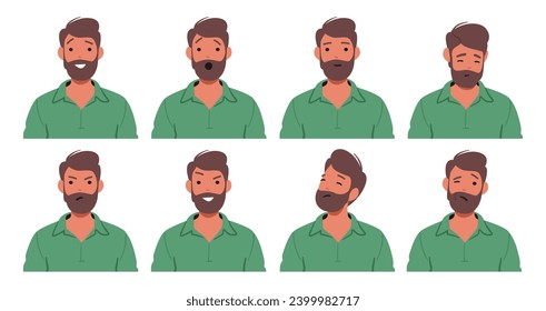 Male Character Emotions Set. Joy Radiates From A Wide Smile, Eyes Sparkle With Happiness. Frustration Evident In Furrowed Brows. Serenity Portrayed Through Calm Demeanor. Vector Illustration