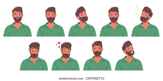 Male Character Emotions Set. Man Express Joy, Sadness Anger and Determination, Sleeping, and Love Radiates In Tender Moments, Creating A Dynamic Emotional Spectrum. Cartoon People Vector Illustration