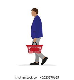 Male character with empty grocery basket in hand stands on white background