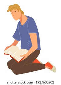 Male character enchanted by reading, student or adult person exploring literature and looking for information in textbook. Man sitting on floor turning pages of publication .Vector in flat style