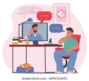 Male Character Engages In A Virtual Conversation With A Therapist, Practicing Sign Language. Cartoon Vector Scene Includes A Computer Screen, A Desk With Books And A Coffee Cup, And A Sleeping Cat