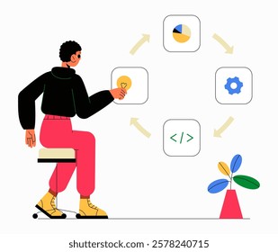 Male Character Engaging In Software Development Process In Flat Vector Illustration Symbolizing Programming, Workflow Optimization, And Digital Technology, Isolated On White Background