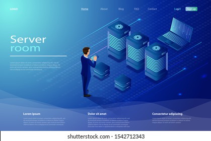 Male character engineer in data center room. Datacenter isometric vector illustration.