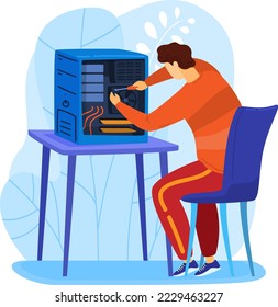 Male character engineer repair personal computer, labour fix computing machine tower isolated on white, flat vector illustration.