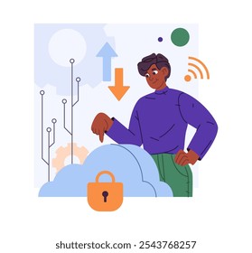 Männlicher Charaktertechniker, der Datenschutz- und Sicherheitseinstellungen für den Cloud-Computing-Dienst einstellt. Vektorisolierte Personage mit Backup-Site, Konfigurationen und Datenaustausch mit Remote-Server