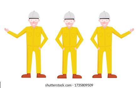 Male character, engineer working in oil and gas, petrochemical or refinery wearing yellow coverall, safety hat, safety boot and goggle or safety glass