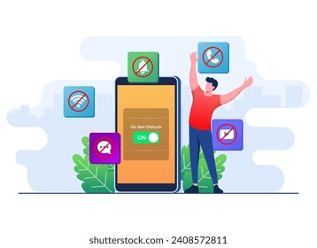 Male character enjoy peace, calmness, and mindfulness while do not disturb mode is activated on smartphone