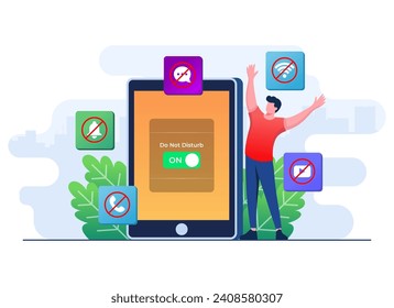 Male character enjoy peace, calmness, and mindfulness while do not disturb mode is activated on tablet device