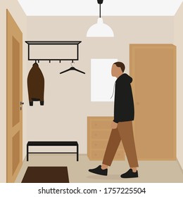 Male character in the entrance hall with door, wardrobes, mirror and clothes hanger