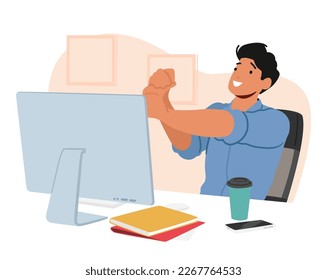 Ejercicio de caracteres masculinos en el lugar de trabajo de Office sentado frente al escritorio del equipo. Concepto de Hábitos Saludables en el Trabajo, Fitness O Mobiliario Ergonómico de Oficina. Ilustración de vectores de personas de caricatura